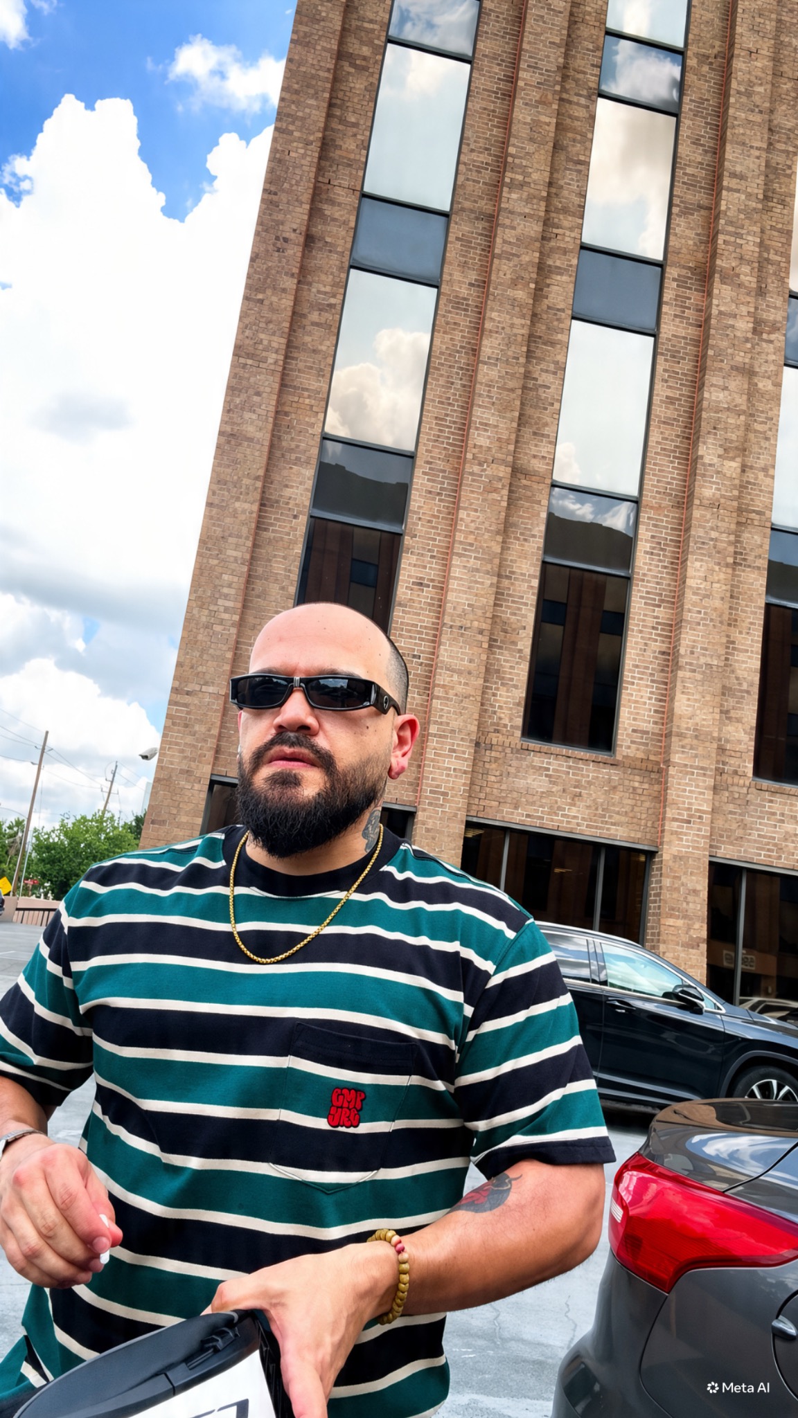 Yetro outdoors in a striped shirt